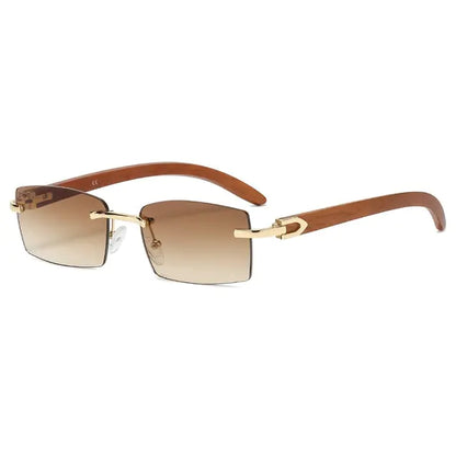 Luxe Rimless Sunglasses - Wood Temples, Gold Accents, UV Protection