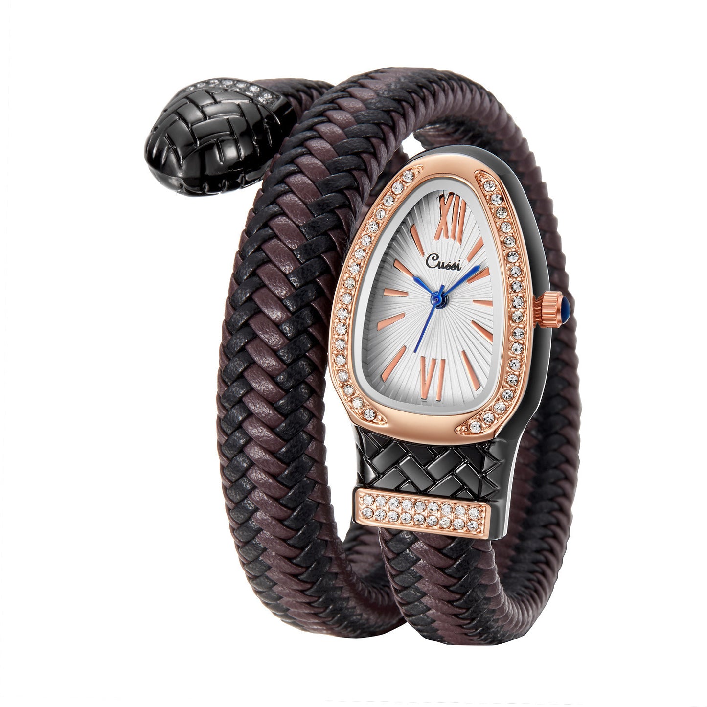 Cussi Women's Snake Watch - Unique Braided Leather & Crystal