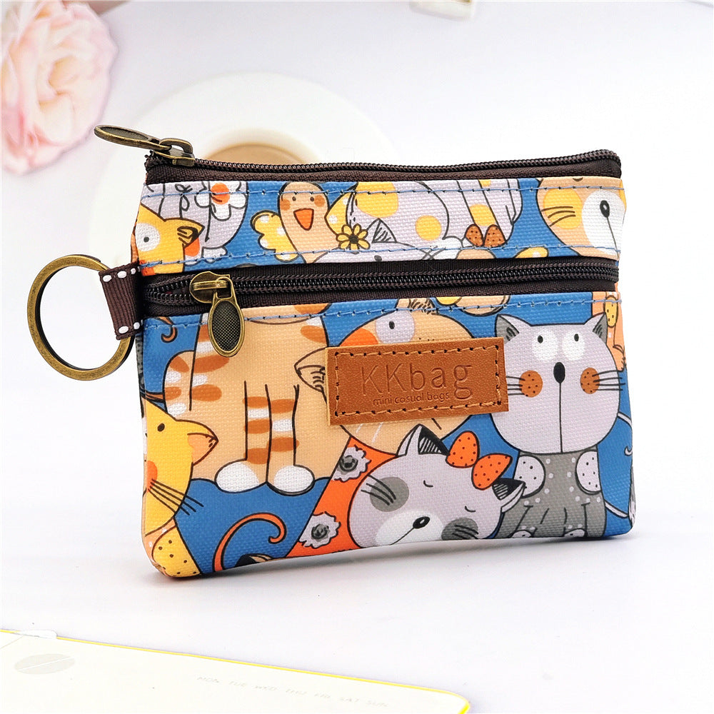 Cute Bear Print Mini Wallet - Double Zipper Coin Purse