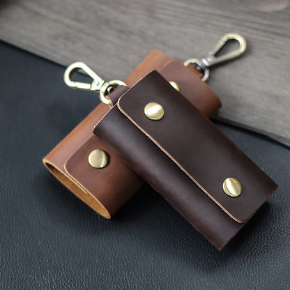 Compact Leather Key Case with Key Ring and Secure Button Closure