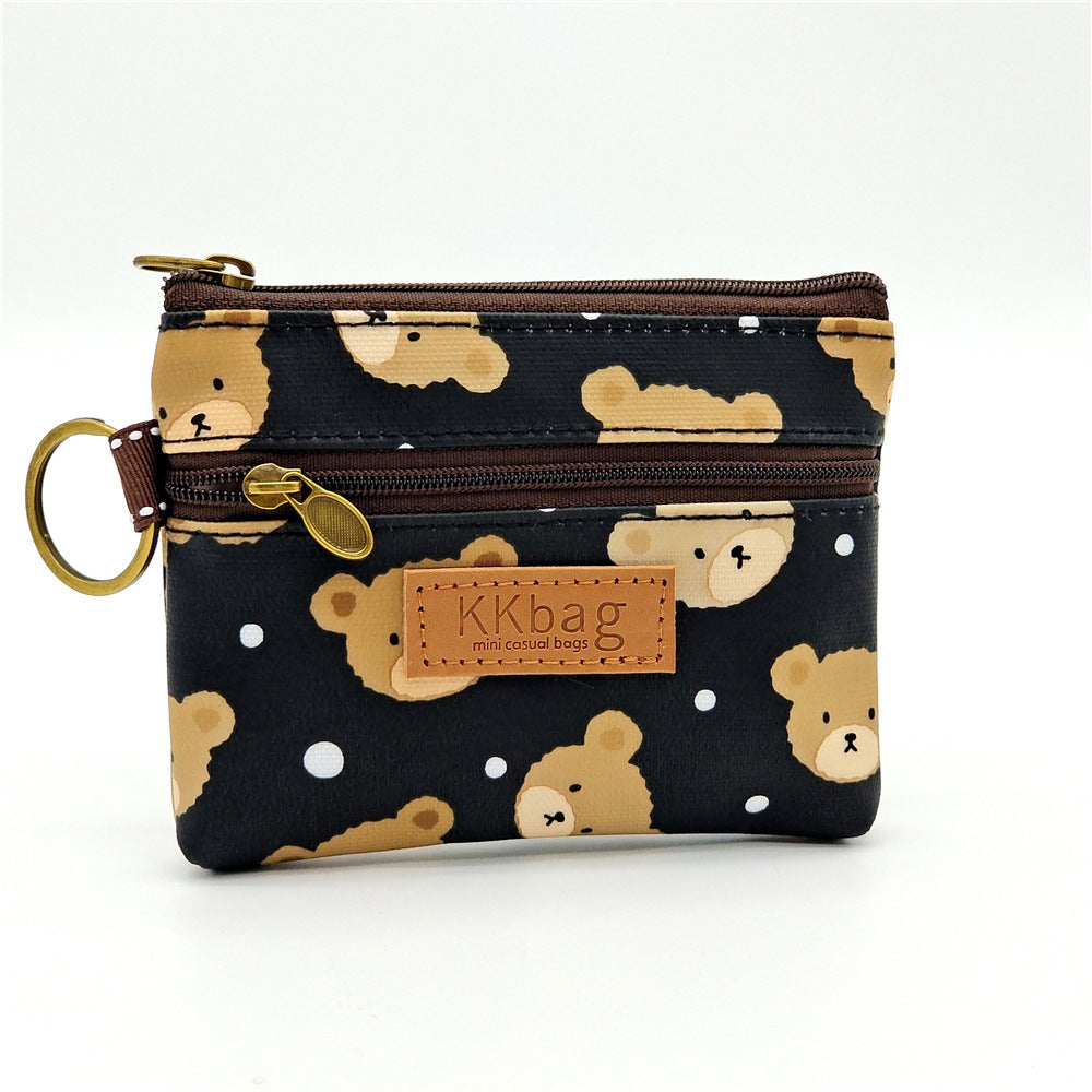 Cute Bear Print Mini Wallet - Double Zipper Coin Purse