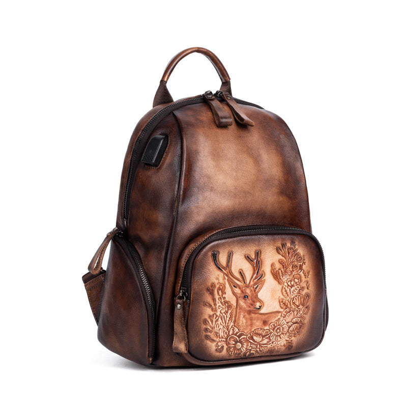 Vintage Leather Backpack - Handcrafted Deer Embossing, Rustic Charm