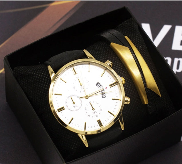 Classic Gold-Accented Watch with Black Leather Band - Timeless Style