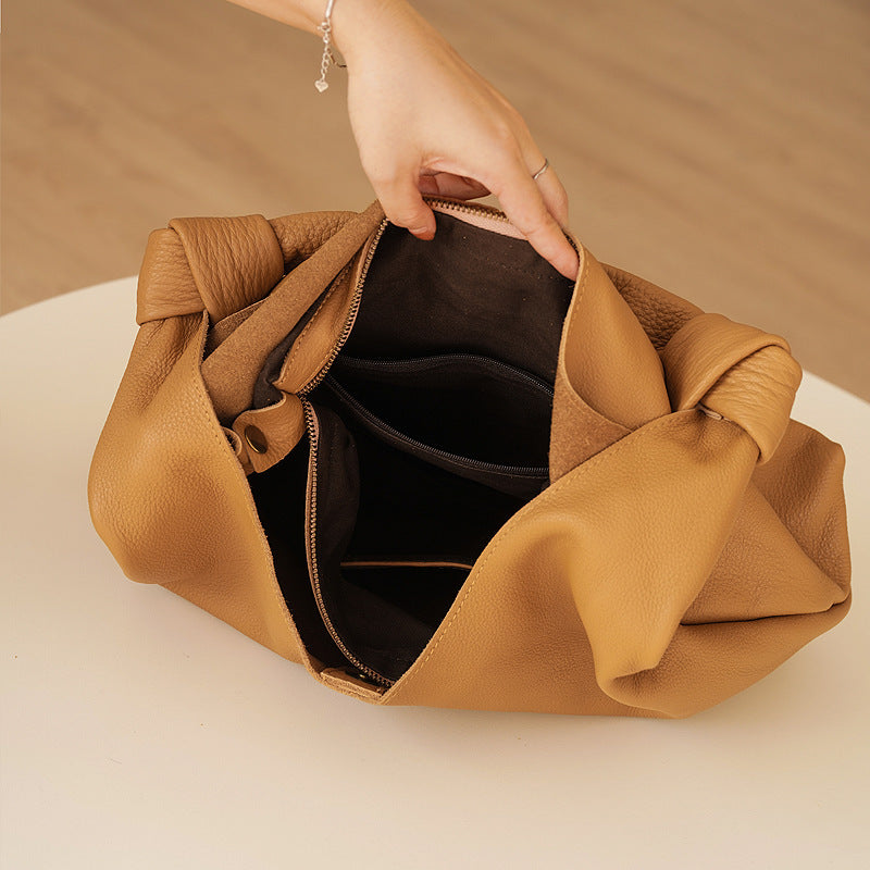 Black Leather Hobo Bag - Knotted Handles, Minimalist Chic