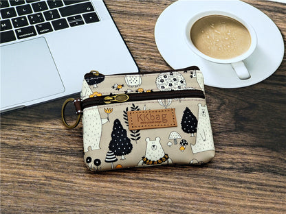 Cute Bear Print Mini Wallet - Double Zipper Coin Purse