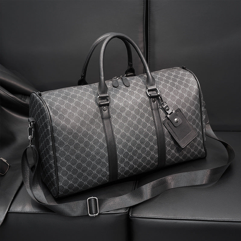 Checkered Leather Weekend Duffel Bag with Shoulder Strap