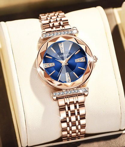 KABIFAN Women's Diamond Watch - Rose Gold, Blue Dial, Elegant Style