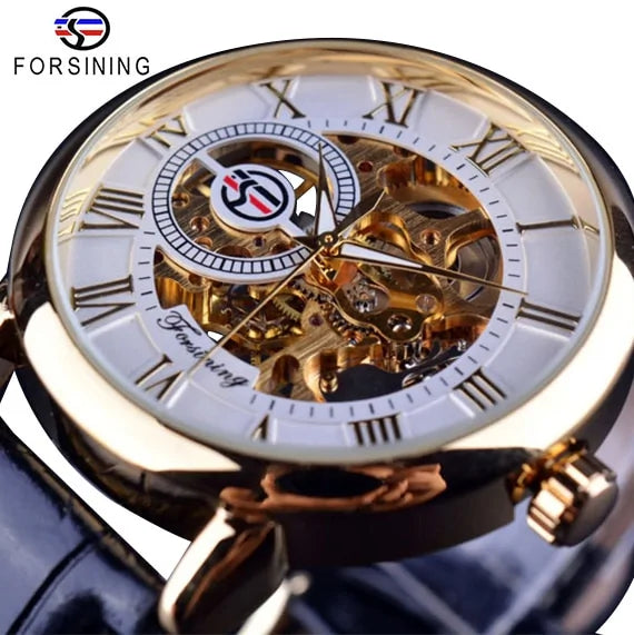 Forsining Men's Automatic Watch: Skeleton Dial, Gold-Tone, Leather Strap