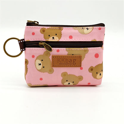 Cute Bear Print Mini Wallet - Double Zipper Coin Purse