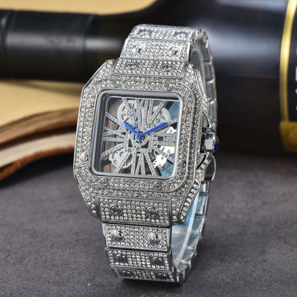 Iced-Out Rose Gold Men's Watch Diamond Luxury Skeleton Automatic