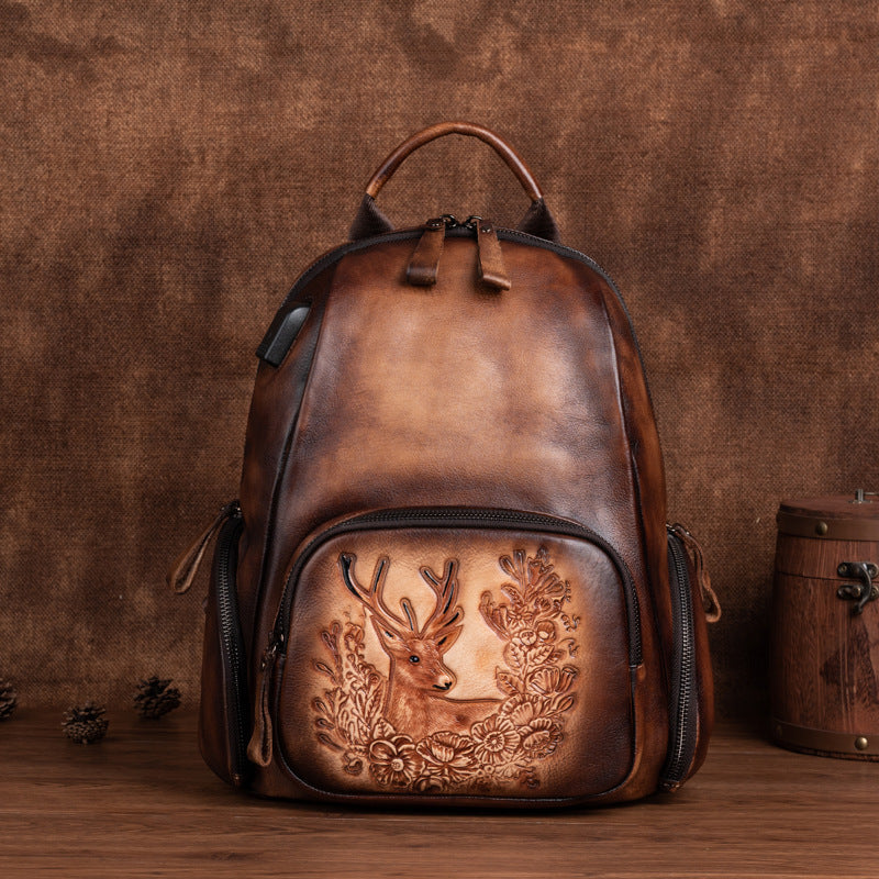 Vintage Leather Backpack - Handcrafted Deer Embossing, Rustic Charm