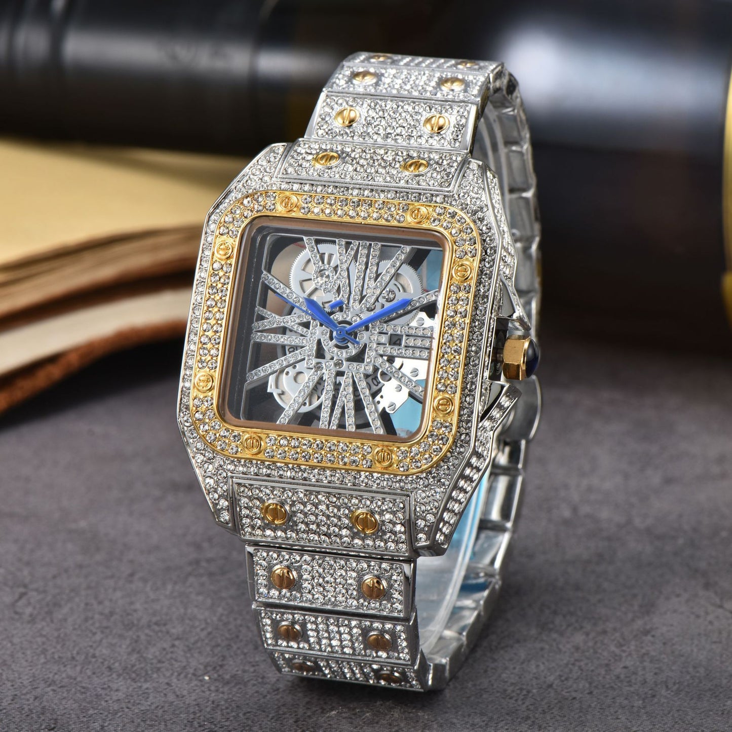 Iced-Out Rose Gold Men's Watch Diamond Luxury Skeleton Automatic