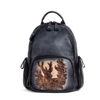 Vintage Leather Backpack - Handcrafted Deer Embossing, Rustic Charm