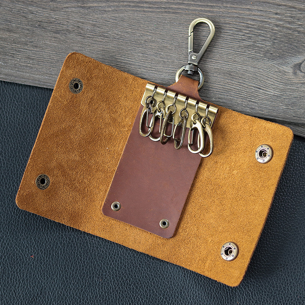 Compact Leather Key Case with Key Ring and Secure Button Closure