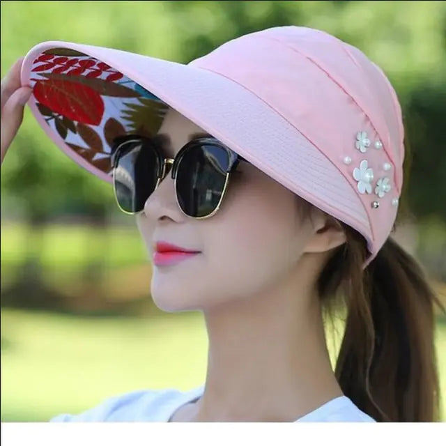 Elegant Pearl Flower Sun Visor - Wide Brim UV Protection