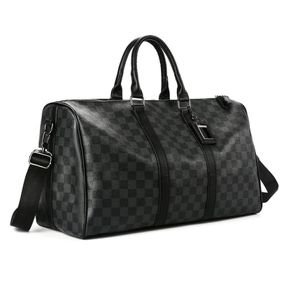 Checkered Leather Weekend Duffel Bag with Shoulder Strap