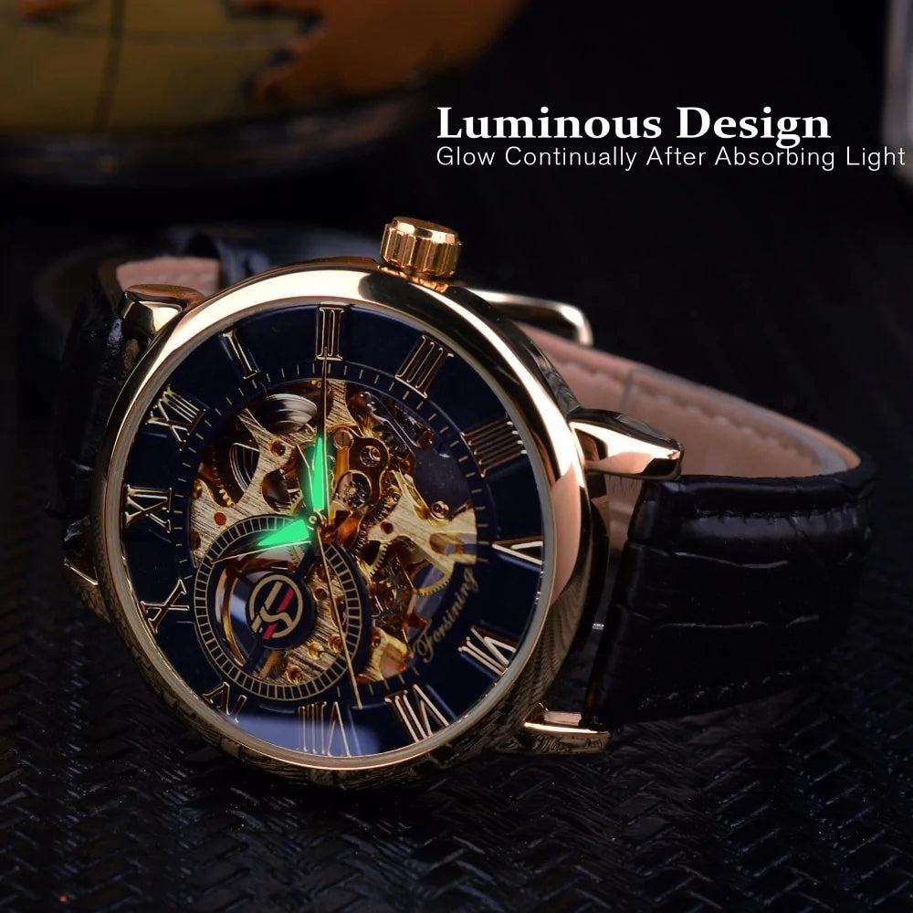 Forsining Men's Automatic Watch: Skeleton Dial, Gold-Tone, Leather Strap