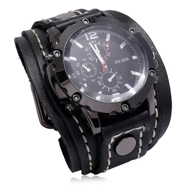 JIN XIN Men's Vintage Leather Cuff Watch - Chronograph, Rugged Style