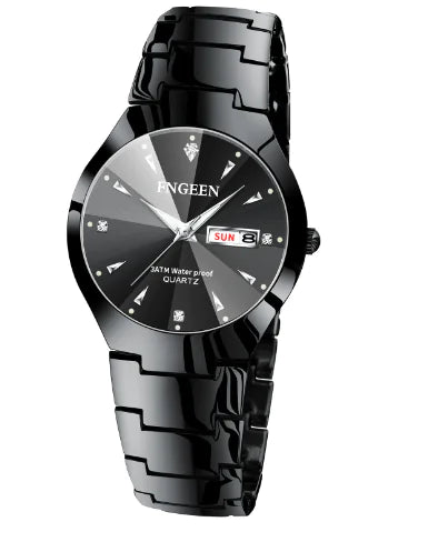 FNGEEN Women's Black Ceramic Watch with Diamond Accents