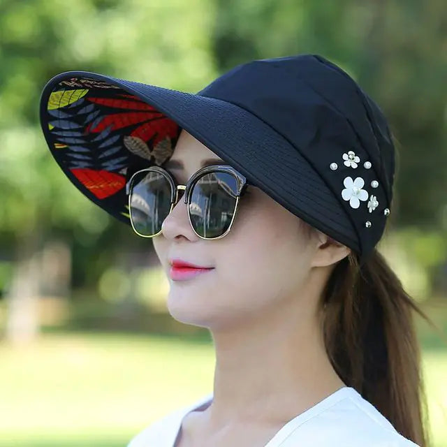 Elegant Pearl Flower Sun Visor - Wide Brim UV Protection