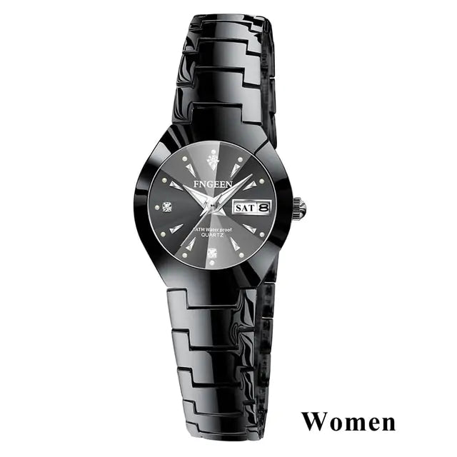 FNGEEN Women's Black Ceramic Watch with Diamond Accents