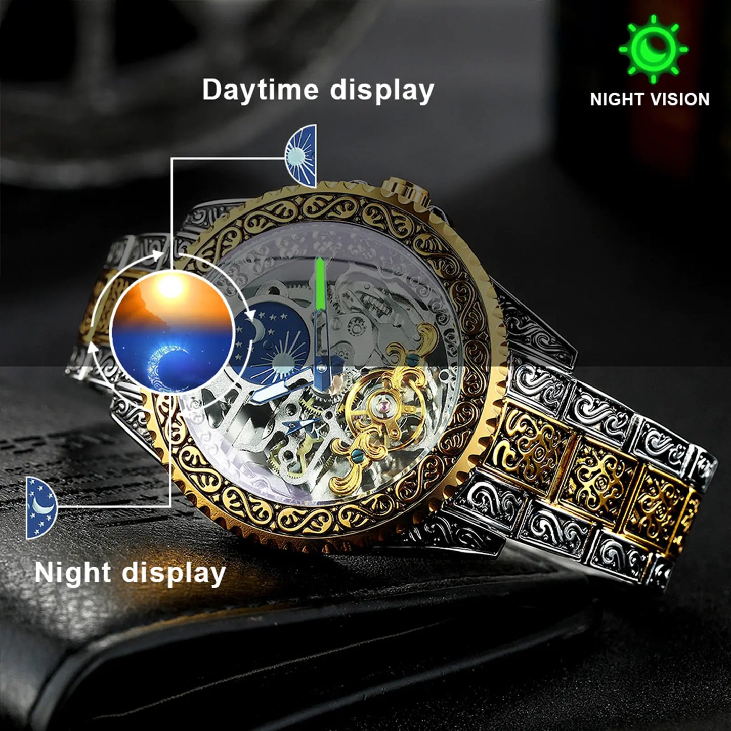 Exquisite Forsining Automatic Watch: Skeleton Dial, Moon Phase, Gold Accents