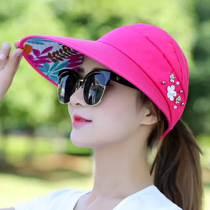 Elegant Pearl Flower Sun Visor - Wide Brim UV Protection