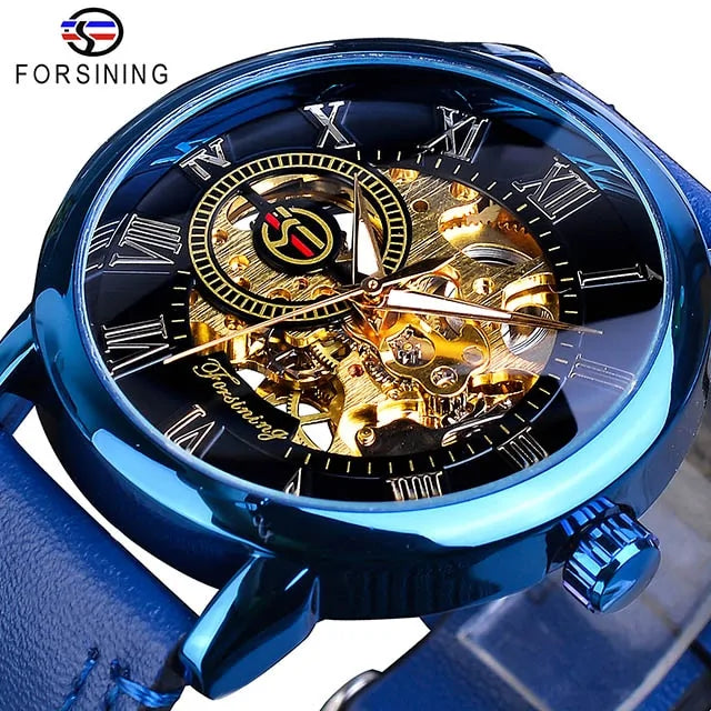 Forsining Men's Automatic Watch: Skeleton Dial, Gold-Tone, Leather Strap