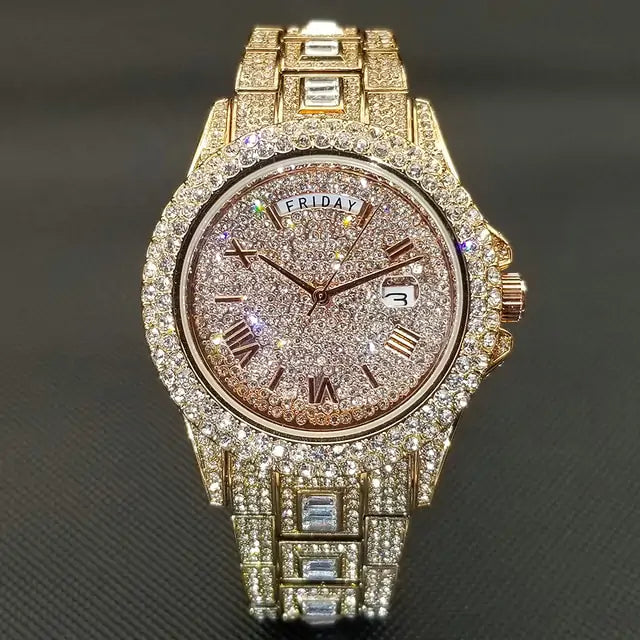 ICEDIAMOND 43MM: Luxurious Iced-Out Gold Watch with Date Display