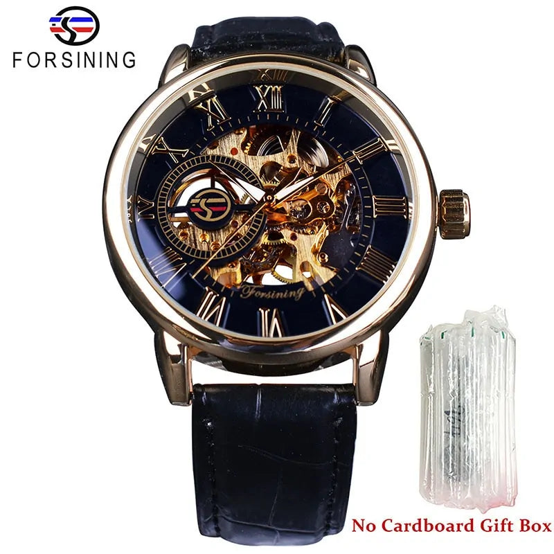 Forsining Men's Automatic Watch: Skeleton Dial, Gold-Tone, Leather Strap