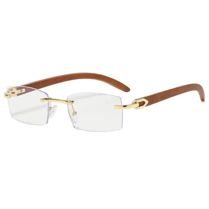 Luxe Rimless Sunglasses - Wood Temples, Gold Accents, UV Protection