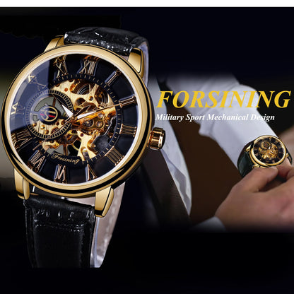 Forsining Men's Automatic Watch: Skeleton Dial, Gold-Tone, Leather Strap