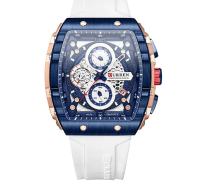 Curren Sporty Chronograph Watch: Blue & Rose Gold, Silicone Strap