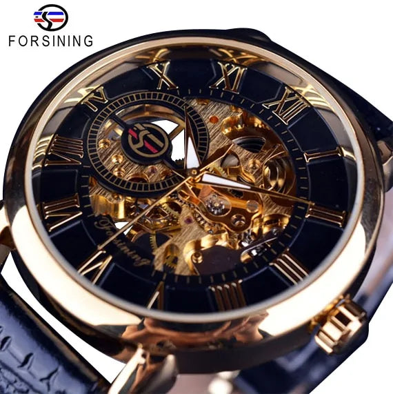 Forsining Men's Automatic Watch: Skeleton Dial, Gold-Tone, Leather Strap